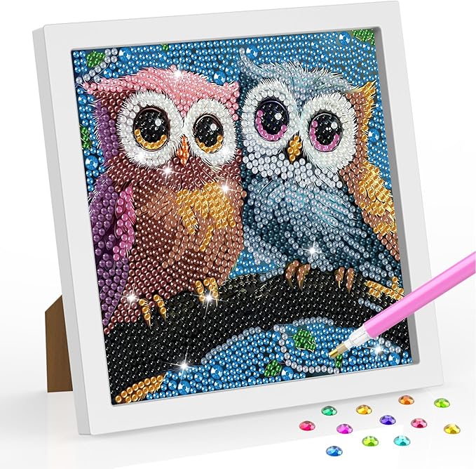 SENQAO Owl Diamond Art Kit for Adults with Frame Art and Crafts for Adults Ages 6-8 -10-12 Easy to DIY Diamond Art for Adults and Adult Beginners Home Wall Decoration 7.1x7.1inch