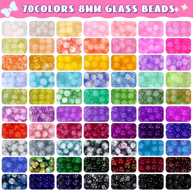 8mm Glass Beads Bracelet Making Kit, 1540pcs 70 Colors Crystal Beads for Jewelry Making, Funtopia Round Glass Beads for Bracelets and DIY Crafts, Solid and Crackle Colors
