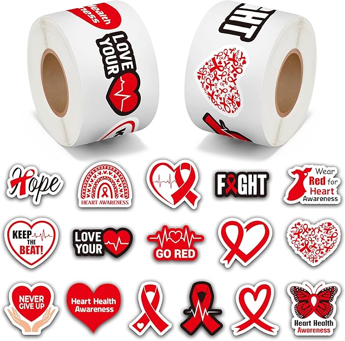 beyumi heart health awareness stickers - 1000pcs heart health awareness stickers in 2 rolls waterproof vinyl red ribbon decals school event campaign laptop bottle luggage decor