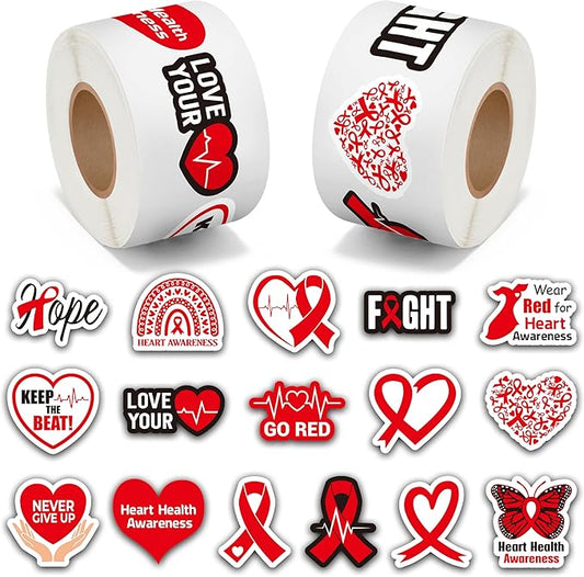 beyumi heart health awareness stickers - 1000pcs heart health awareness stickers in 2 rolls waterproof vinyl red ribbon decals school event campaign laptop bottle luggage decor