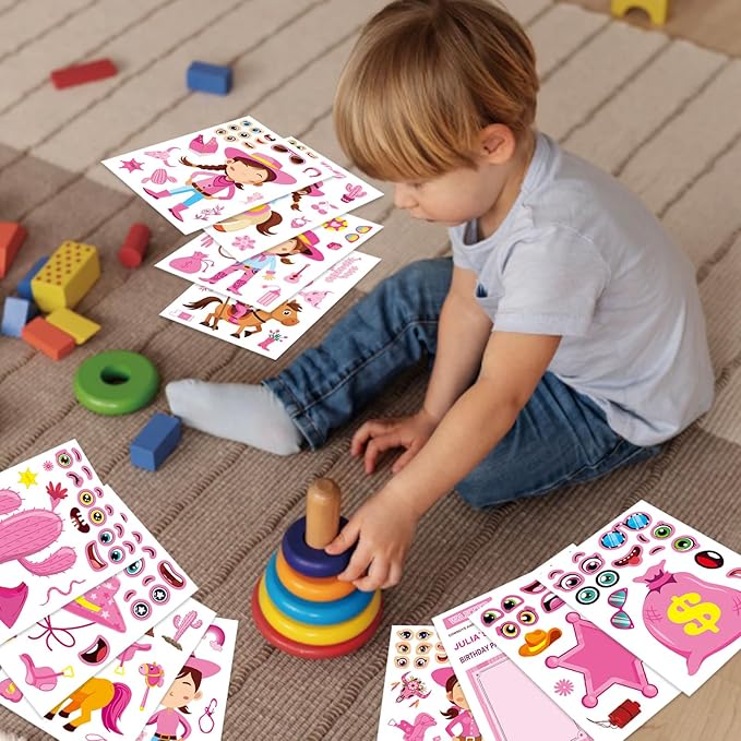 24 sheets cowboy cowgirl stickers for kids, country western cowgirl make a face sticker, make your own stickers sheets, pink cool theme art craft supplies