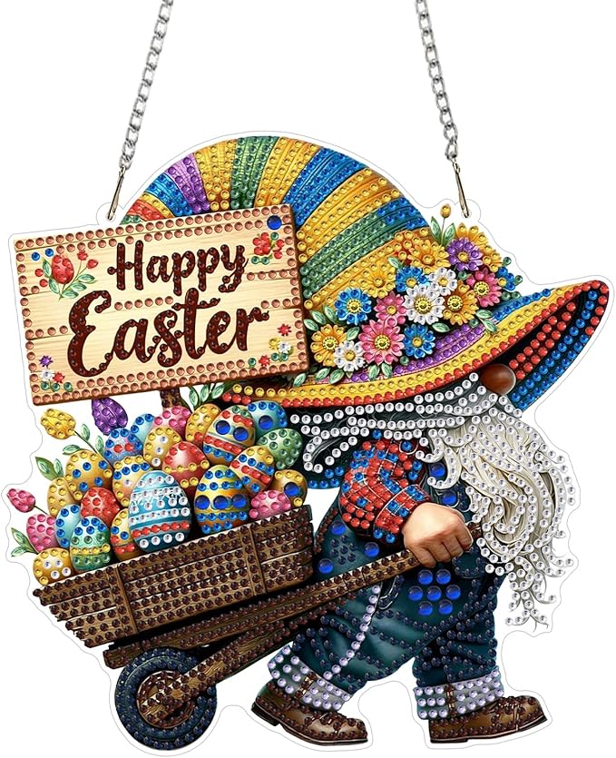 CEOVR Easter Diamond Painting Pendant, Easter Egg Gnome Hanging Diamond Art for Adults DIY Gem Art Wall Hanging Ornament, Acrylic Home Garden Decor with Chain, Box Kit 7.59×7.87inch