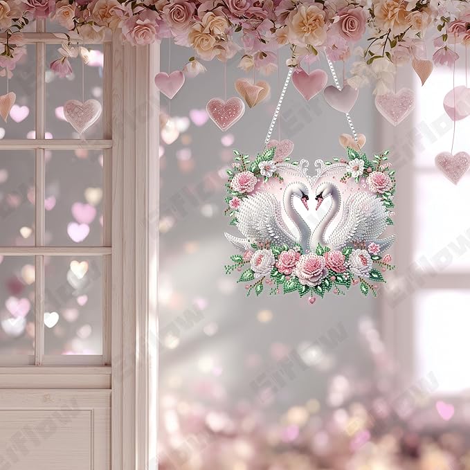 Eiflow Acrylic Diamond Art Hanging Kit for Adults Love, DIY Diamonds Painting Door Hanger Board Kit, Special Crystal Diamond Art Painting Pendant Ornament (Swans)