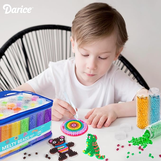darice fuse beads kit – 28,000 assorted melty iron beads bulk set with storage case - 28 colors in reusable bottles, diy art craft supplies for kids creative projects ages 6+