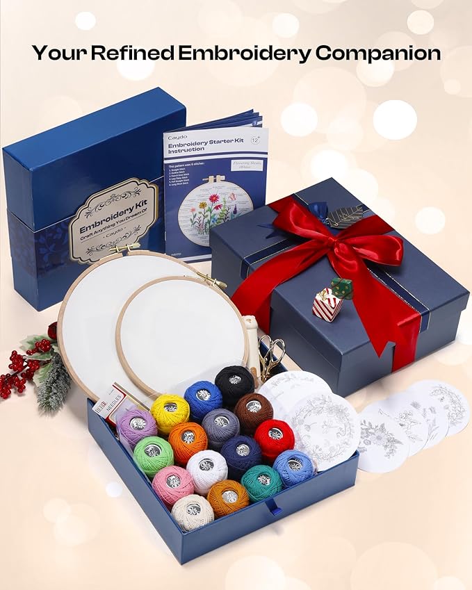 Caydo Luxury Embroidery Kit for Christmas Gift, Beginner Embroidery Kit for Adults with Exquisite Box, Embroidery Hoop, Embroidery Thread and Full Set Embroidery Tools