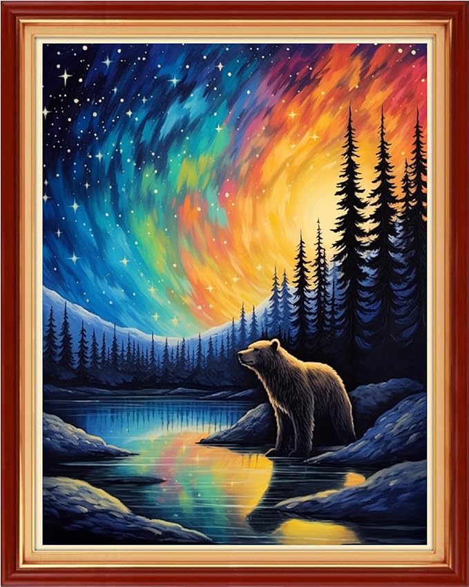 dimxvean stamped cross stitch kits,cross stitch kits for adults beginners,embroidery kits full range of cross stitch stamped kits needlepoint kits cross stitch patterns-brown bear by lake 16x20 inch