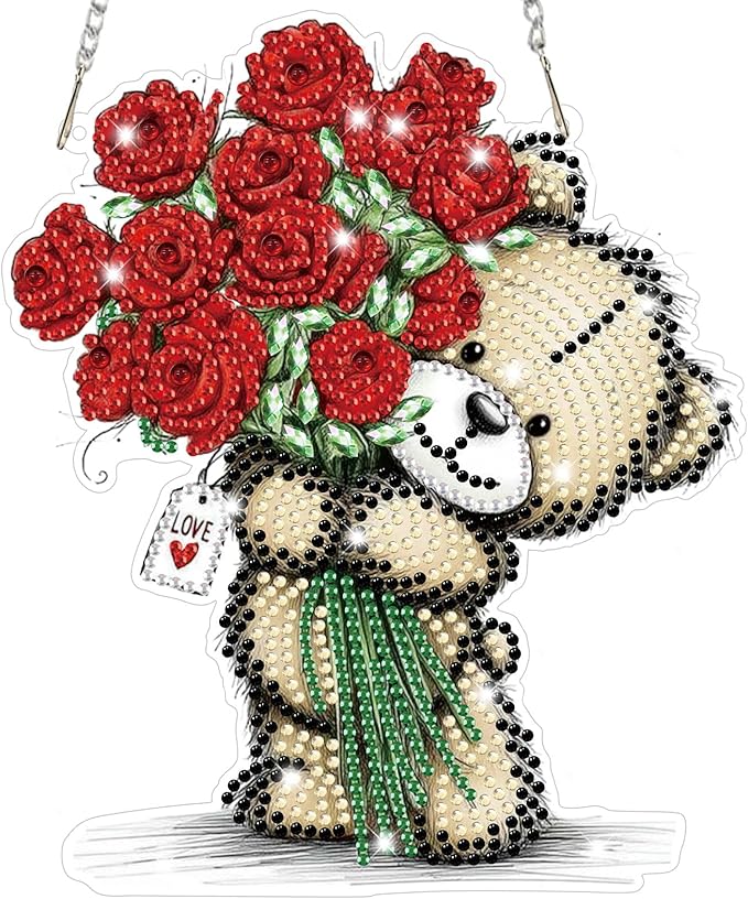 Bowetile Valentine's Day Diamond Art Hanging Kits for Adults, Diamond Art Suncatchers Bear, 5D Special Shape Diamond Painting Red Roses Pendant Window Ornament Gifts for Home Door Wall Decor