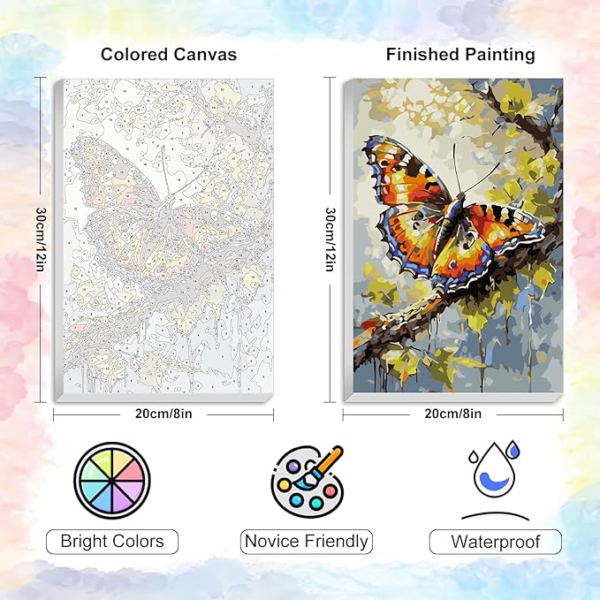 Yezavesu Framed Paint by Numbers Kit for Adults Beginner & Kids Ages 8-12, Butterfly Paint by Numbers with Frame, DIY Number Painting for Adults Butterfly for Home Wall Decor Gift 8X 12 inch