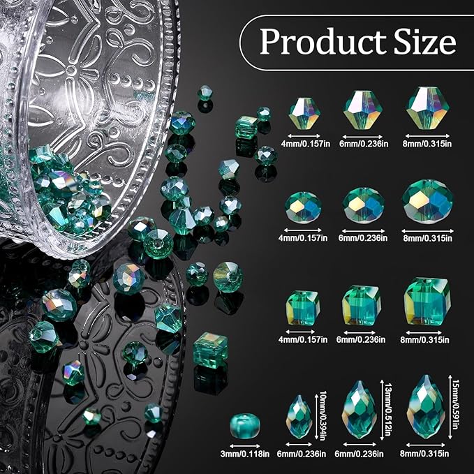 Song Xi 1500PCS Glass Beads for Jewelry Making, Assorted Faceted Crystal Beads Kit for Bracelet Earring Necklace, for DIY Clear and Iridescent St. Patrick's Day Gift (AB Peacock Green) ﻿ ﻿