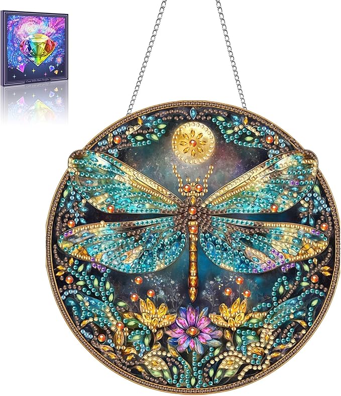 Wergund 5D DIY Dragonfly Diamond Art Hanging Kits, Hanging Diamond Art Animal, Acrylic Special Shaped Rhinestone, Window Hanging Pendants for Home Wall Garden Front Door Outdoor Decor Gift(Dragonfly)