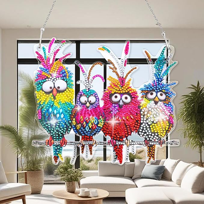 Diamond Art Hanging Kit for Adult, Painting Hanging Ornament Kit, Special Shaped Rhinestone,DIY Acrylic 5D Diamond Art Window Pendants Home Garden Wall Kits Hanging,Double Sided (Birds)