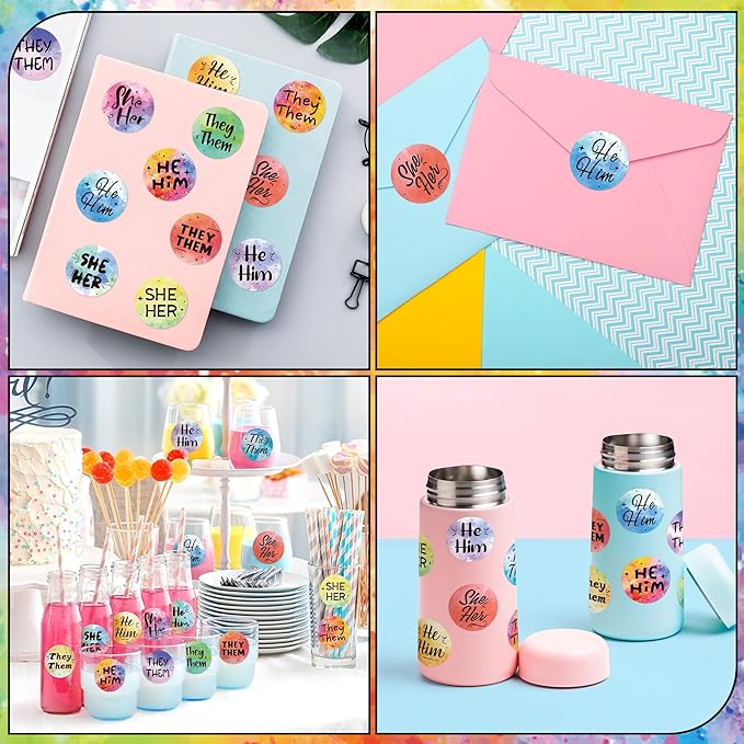 beyumi pronoun round rainbow stickers - 1000pcs pronoun stickers in 2 rolls gender identity label they them he him she her nonbinary decals for home party conference badges parades events decoration