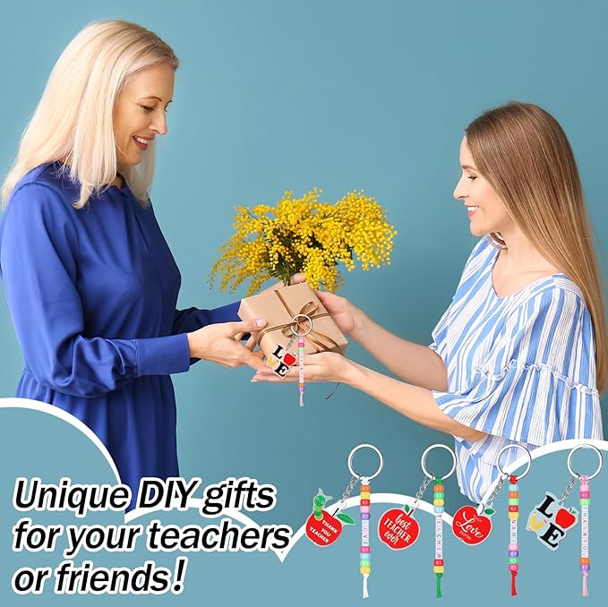 Suncalla 984 Pcs 24 Set Teacher Appreciation Gifts Keychain Making Kit DIY Cute Apple Charm Beads Key Chain Crafts Thank You for All You Do Adjustable Letter Cards Strings Kit Teacher Day Gift
