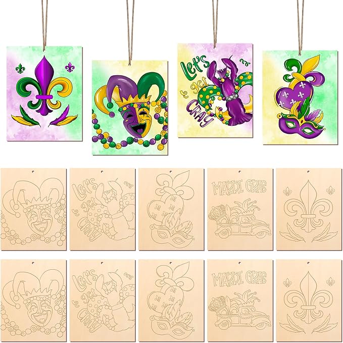 COCHIE 10 Pieces Large Mardi Gras Unfinished Wood Crafts to Paint for Adults, Bulk Predrilled Wooden Ornaments for Painting, Butterflies Paintable Wood Slices Craft Supplies with Ropes