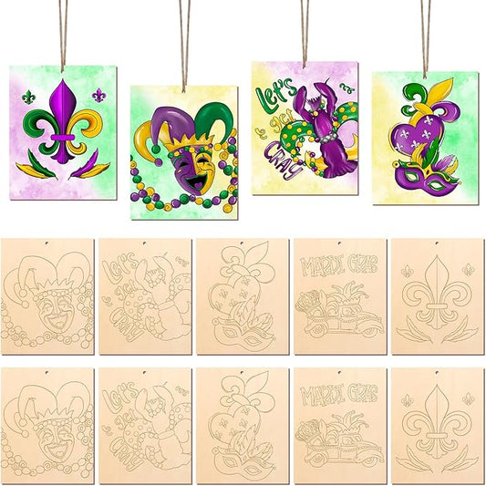 COCHIE 10 Pieces Large Mardi Gras Unfinished Wood Crafts to Paint for Adults, Bulk Predrilled Wooden Ornaments for Painting, Butterflies Paintable Wood Slices Craft Supplies with Ropes