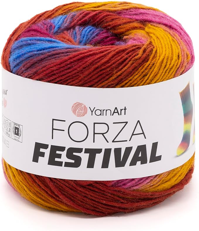 YarnArt Forza Festival Self-Striping Wool Blend Fingering Yarn, 100g (459 yd) – Gradient Color Yarn for Knitting, Crochet, Socks & Shawls (2906)
