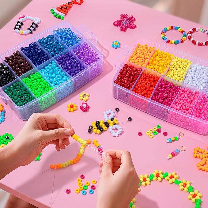 Simetufy 7200Pcs Pony Beads Bulk, 20 Assorted Colors 6x9MM Kandi Beads Kit for Bracelet Making Hair Braiding Jewelry Key Chains DIY Crafts Christmas Gifts (Stack Box)