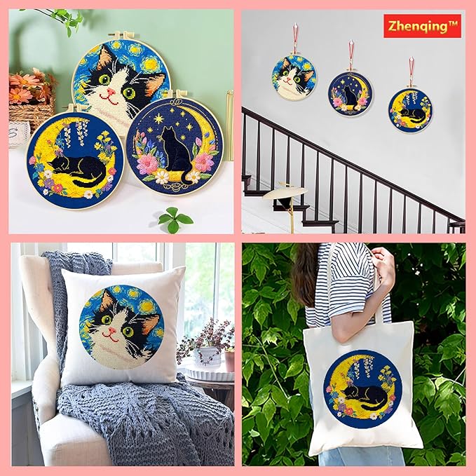 Zhenqing Night Sky Cats Cross Stitch Kit - 3-Piece Set with Pre-Printed 11CT 24x24cm Fabric, Hoop & Tools, Starry Night Theme for Beginners (70413)