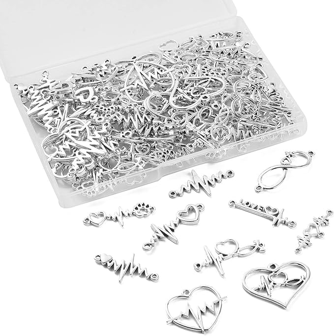 DanLingJewelry 80Pcs 8 Styles Electrocardiogram Charms Mini Heartbeat Linking Connectors Tibetan Heartbeat Charms for Jewelry Making