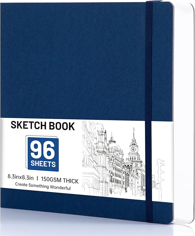 Hardcover Sketchbook for Drawing, 8.3"X 8.3" Square Sketch Book with 120 GSM Thick Drawing Paper, 192 Pages/96 Sheets Sketch Pad for Adults and Kids, Art Journal for Beginners Artists, Blue