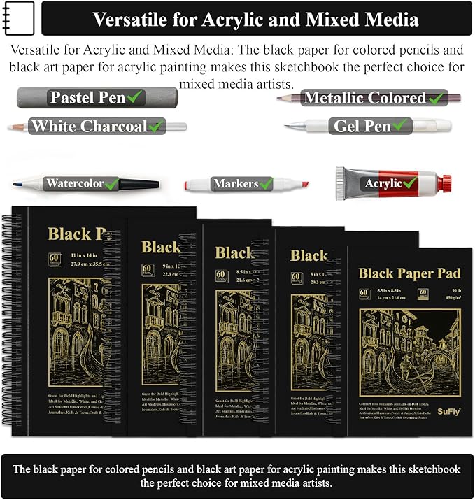 sufly black paper sketchbook 5.5 x 8.5, 60 sheets (90lb/150gsm) artist papers for drawing | black paper for colored pencils & gel pens, artist supplies, sketch books for teens and adults.
