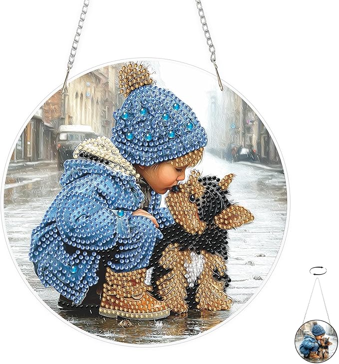 TOSTOG Diamond Art Hanging Kits for Adults, Dog and Boy Diamond Painting for Adults Window Pendant, Special Shape Diamonds Diamond Painting Hanging Pendant Kit for Wall Home Decor Gift Animal Dog