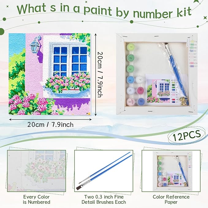 Nezyo 12 Sets Paint by Numbers Kit with Frame for Adult Beginners, Paint by Number DIY Acrylic Painting Canvas for Painting Party, Classroom Activity Birthday Gift, 8 x 8 Inch(Scenery)