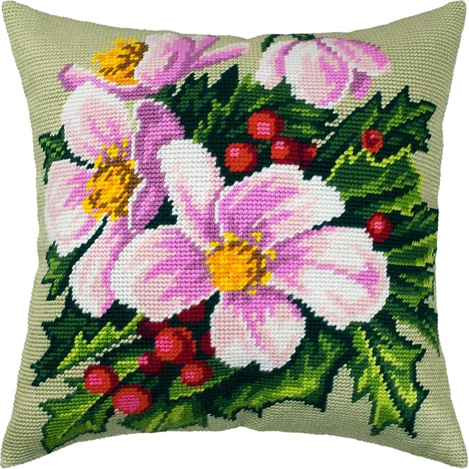 Christmas Flowers by Catharina Klein. Needlepoint Kit. Throw Pillow 16×16 Inches. Printed Tapestry Canvas, European Quality