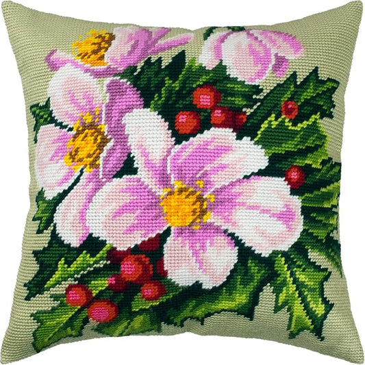 Christmas Flowers by Catharina Klein. Needlepoint Kit. Throw Pillow 16×16 Inches. Printed Tapestry Canvas, European Quality