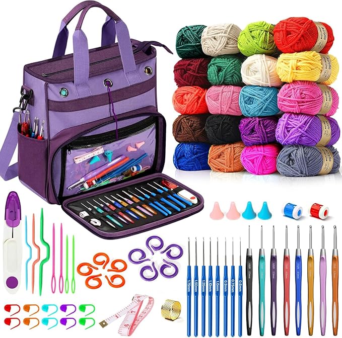 Spardar 74 pcs Crochet Kit, Crochet Kits for Beginners with Large Storage Bag, 20 Pcs Crochet Yarn, 16 Pcs Crochet Hooks, Crochet Accessories for Adults, Elderly and Beginners (Dark Purple)