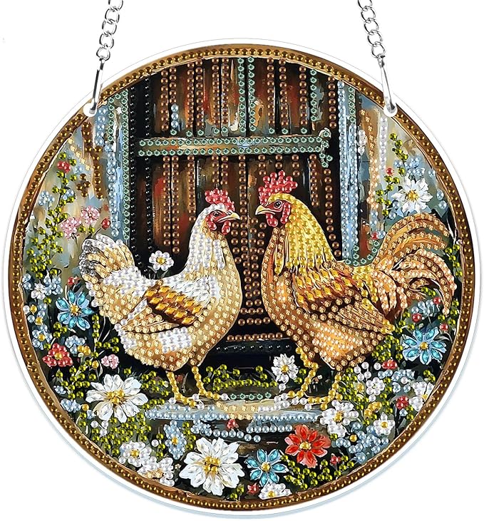 MOGTAA Chicken Diamond Art Hanging Pendant Kits, 5D Special Shape Diamond Art Kits for Adults, Crystal Rhinestones Flowers Diamond Painting Gem Art for Home Garden Wall Decor