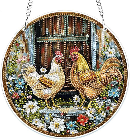 MOGTAA Chicken Diamond Art Hanging Pendant Kits, 5D Special Shape Diamond Art Kits for Adults, Crystal Rhinestones Flowers Diamond Painting Gem Art for Home Garden Wall Decor