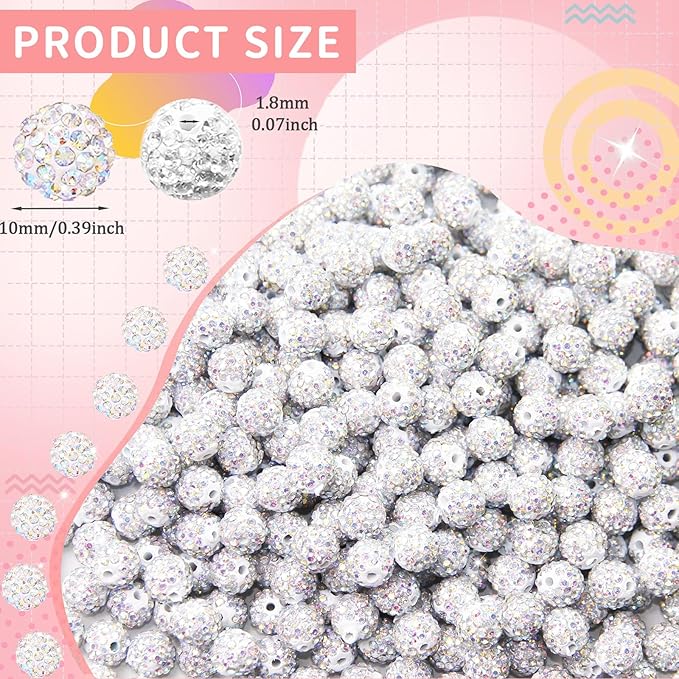 100 Pcs 10mm Rhinestone Beads for Jewelry Making, White AB Shiny Round Shamballa Disco Baseball Necklace Beads Sparkle Crystal Clay Pave Rhinestones Bead for DIY Bracelet Earring Craft Making Supplies