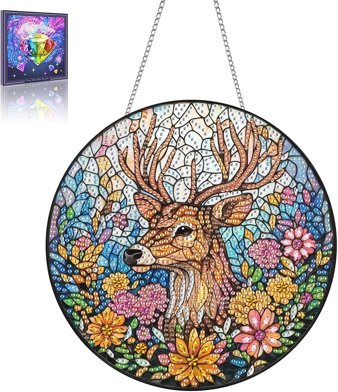Wergund 5D DIY Elk Diamond Art Hanging Kits, Hanging Diamond Art Flower Animal, Acrylic Special Shaped Rhinestone, Window Hanging Pendants for Home Wall Garden Front Door Outdoor Decor Gift(Elk)