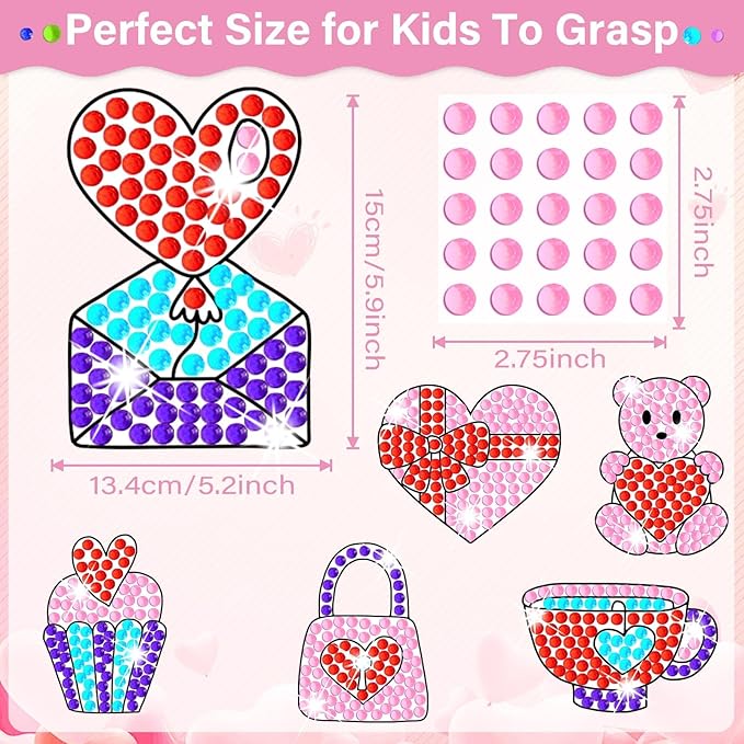 Qyeahkj 6 Pcs Valentine's Day Arts Crafts DIY Heart Bear Gem Diamond Suncatcher Crafts for Kids Valentines Diamond Painting Gifts Exchange for Kids Aged 4 6 8 10 12 for Home School Party Decor