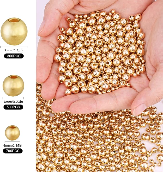 DUQGUHO 1500 Pcs Gold Spacer Beads - 8mm, 6mm, 4mm for Stackable Bracelets - Smooth Round Loose Plastic Copper Beads - Bulk