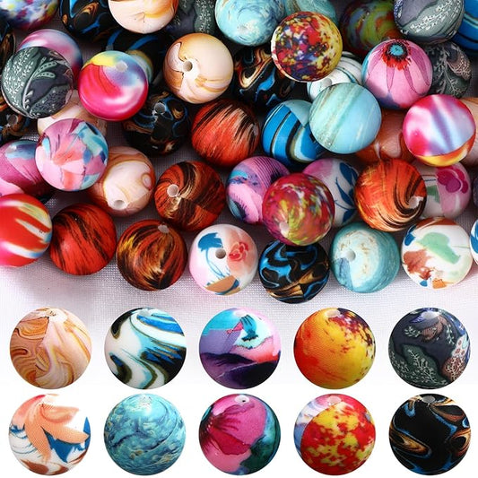Ferreve 60 Pcs 15mm Silicone Beads Bulk Galaxy Print Round Focal Beads Rubber DIY Silicone Loose Bead for Bracelet Making Kit for Keychain Pens Necklace Bracelets Jewelry Making