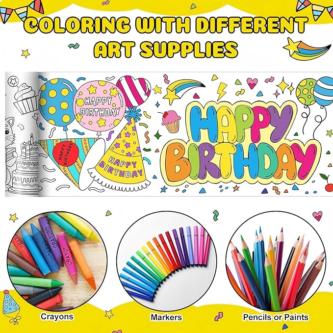 Janlaugh 3 Pack Happy Birthday Coloring Paper Roll for Kids 118 X11.8 Inch Drawing Paper Roll Giant Coloring Poster Jumbo Motivational Page Tablecloth for Adult Birthday Party Classroom Craft Team Art