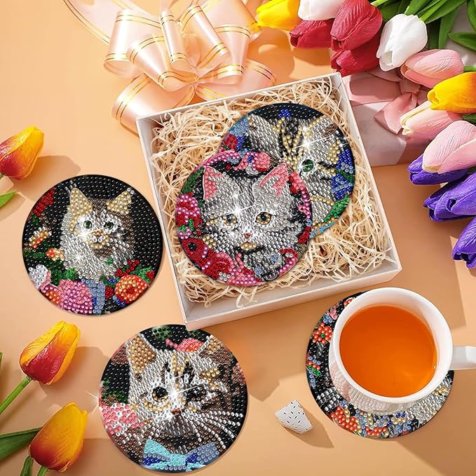 EWJRNSF 6 PCS Diamond Painting Art Coasters Set with Holder - Small Diamond Painting Coasters Kit for Beginners and Adults