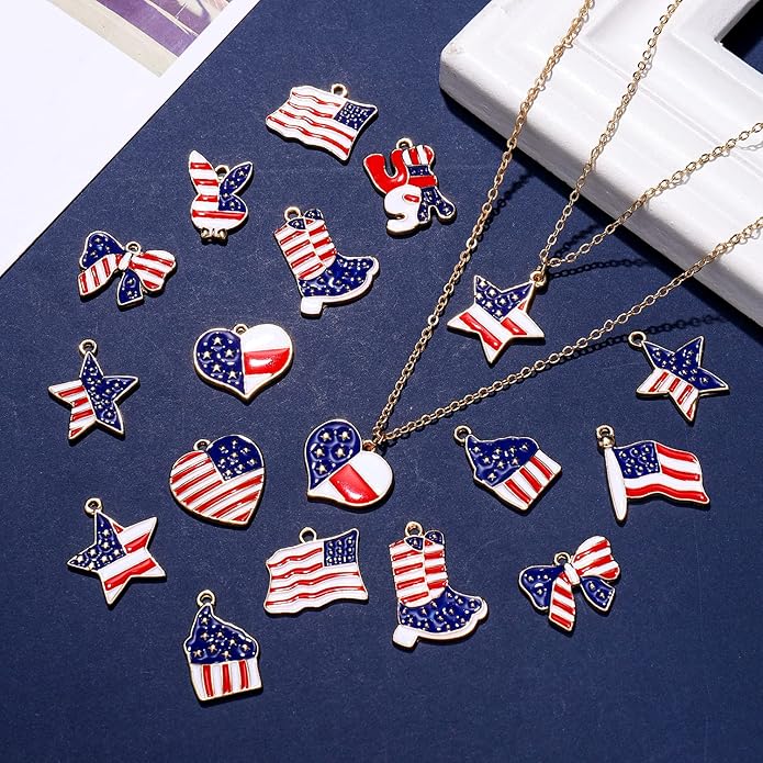 60PCS Patriotic Charms 4th of July Pendants for Jewelry Making Independence Day American Flag Heart Star Charms for Necklace Earring Bracelet Making Holiday Decorations