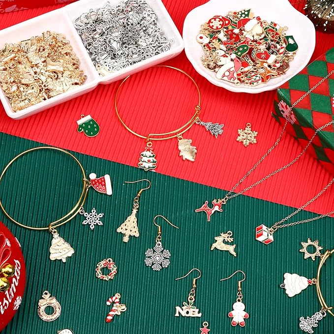 SANNIX 350Pcs Christmas Charms, Xmas Enamel Charms Mixed Bulk Antique Gold Tibetan Silver Jewelry Pendants for Bracelet Necklaces Earrings Making and Holiday Decorations