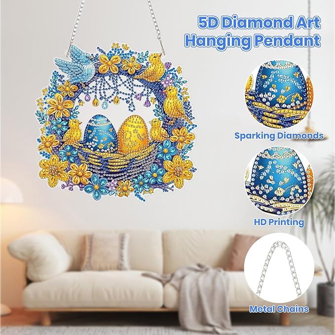 MOGTAA Easter Egg Diamond Art Hanging Kits for Adults Beginners, Flwoers Landscape Diamond Art Suncatchers, 5D Special Shape Animal Diamond Painting Window Pendant Kit for Home Garden Wall Decor