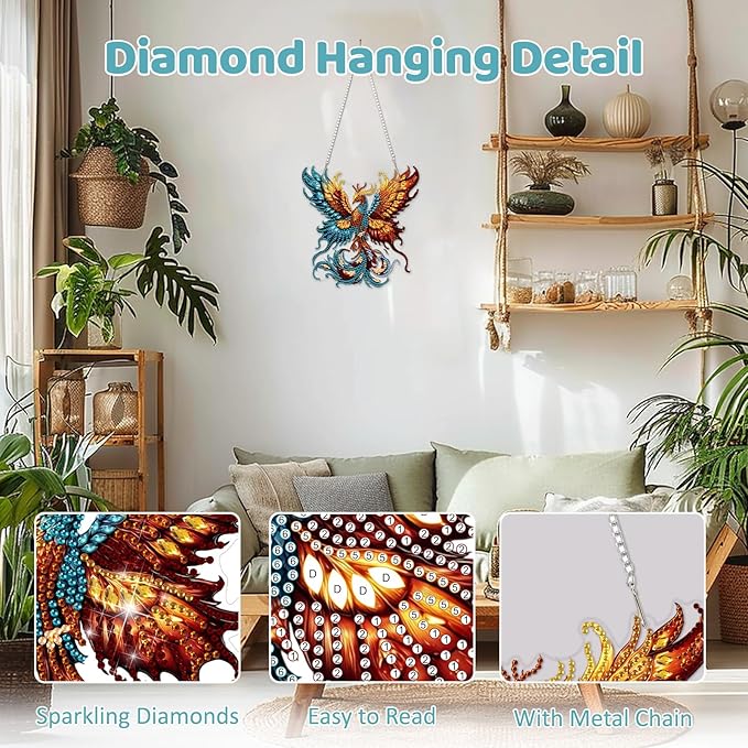 MEIYUDA Phoenix Diamond Art Hanging Kits for Adult, Butterfly Phoenix Diamond Painting Hanging Kits Ornaments, DIY Special Shaped Rhinestone Window Pendants Kit for Home Garden Wall Decor Gift