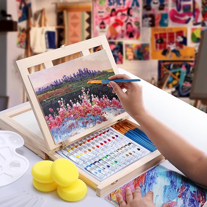 54 Pieces Acrylic Paint Set with Tabletop Easel Stand, Complete Starter Painting Art Supplies with Acrylic Paints, Canvases, Sketch Pads, Brushes and Palette for Beginners Young Artists and Adults