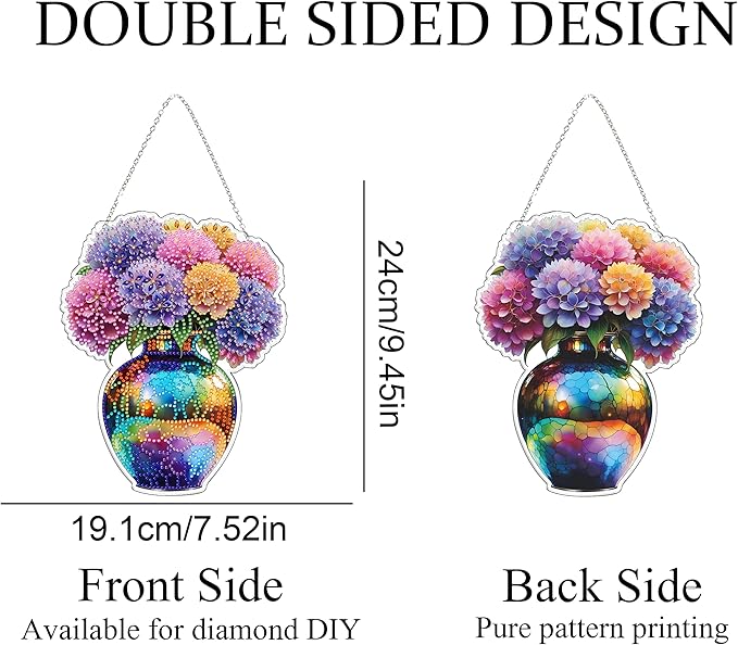 JJFox Diamond Art Hanging Kit for Adult,Special Shaped Rhinestone,DIY Acrylic Diamond Art Painting Window Pendants Home Garden Wall Hanging Kits Hanging Ornament,Double Sided (Vase)