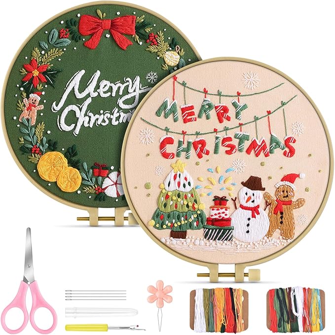 TINDTOP Embroidery Kit for Adult, Owl Embroidery Kit for Beginners Include Embroidery Cloth Hoops Threads for Craft Lover Hand Stitch with Embroidery Skill Techniques (Christmas)