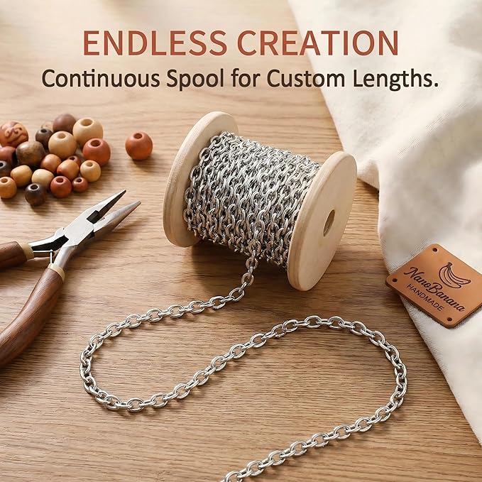 Coiris 33 Feet Stainless Steel Cable Chain for Jewelry Making Bulk, 3.7mm Soldered Link Chain Spool for DIY Necklaces Bracelets Crafts, Anti-Tarnish Metal Chain Roll (No Clasps Included)