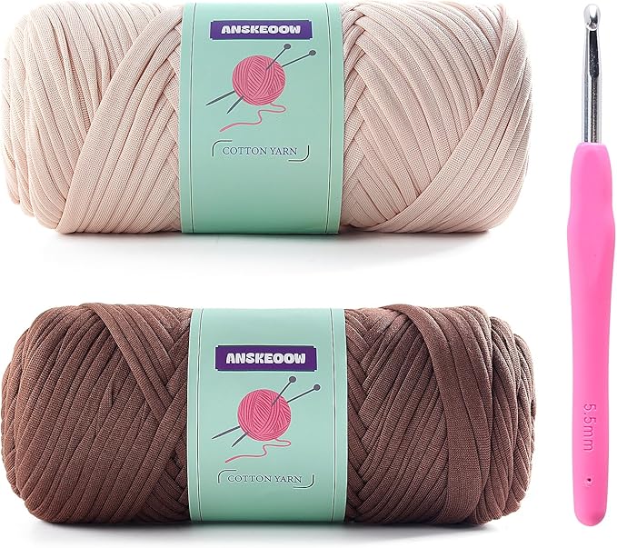 2 Skeins Tshirt Yarn for Crochet,Soft T Shirt Yarn for Crocheting Bag/Basket/Home Decor,Trapillo para Tejer a Crochet Bolsas with 1 Crochet Hook,Each Ribbon Yarn 7oz, 65yds(Beige+Coffee Color)