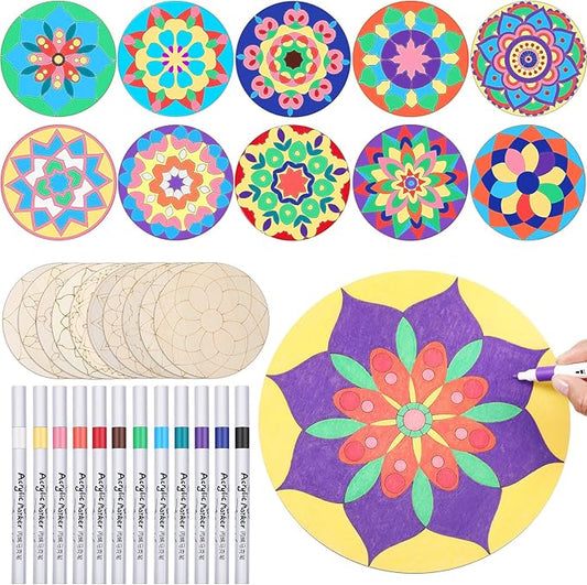 22 Pcs Wooden Mandala Painting Set 10 Mandala Unfinished Wood Cutouts with 12 Markers for Crafts Diwali Craft Wood Slices for Adults Painting DIY Tags Wedding Home Decors(Classic Style)