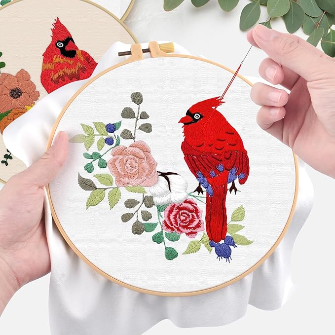 ERKOON 4 Sets Embroidery Kit, Animal Cross Stitch Set for Include Embroidery Cloth Hoops Threads for Craft Lover Hand Stitch (Cardinal)